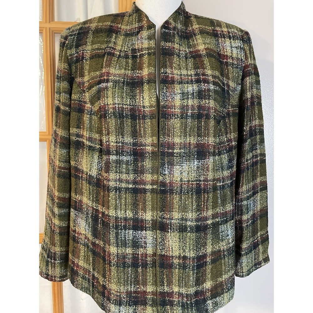 Vtg 90s Jessica Howard Plaid Blazer Jacket 16P Open Front Olive Gray Academia